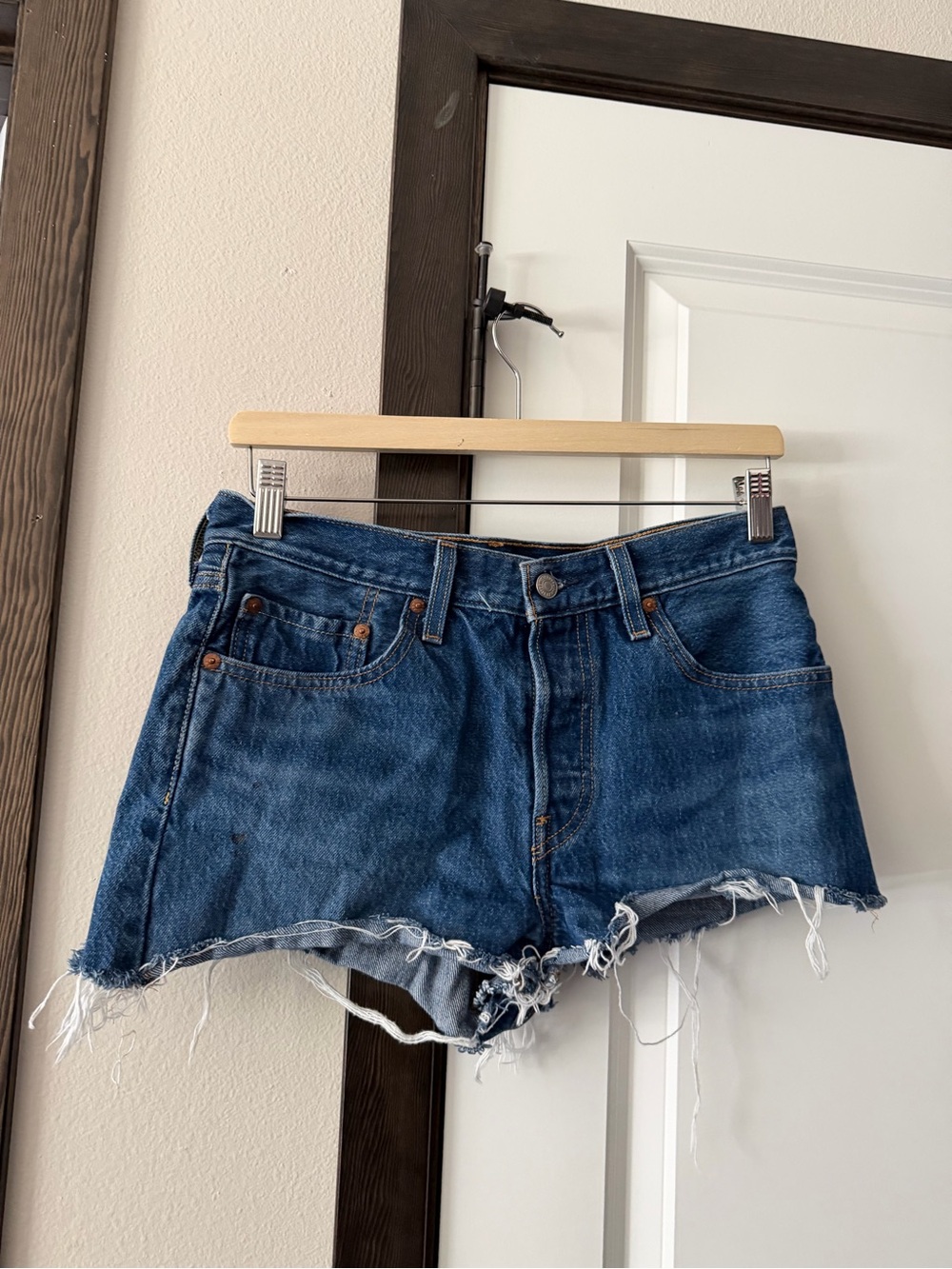 Levi's Dark Blue Denim Frayed Cutoff Shorts - Picture 2 of 3